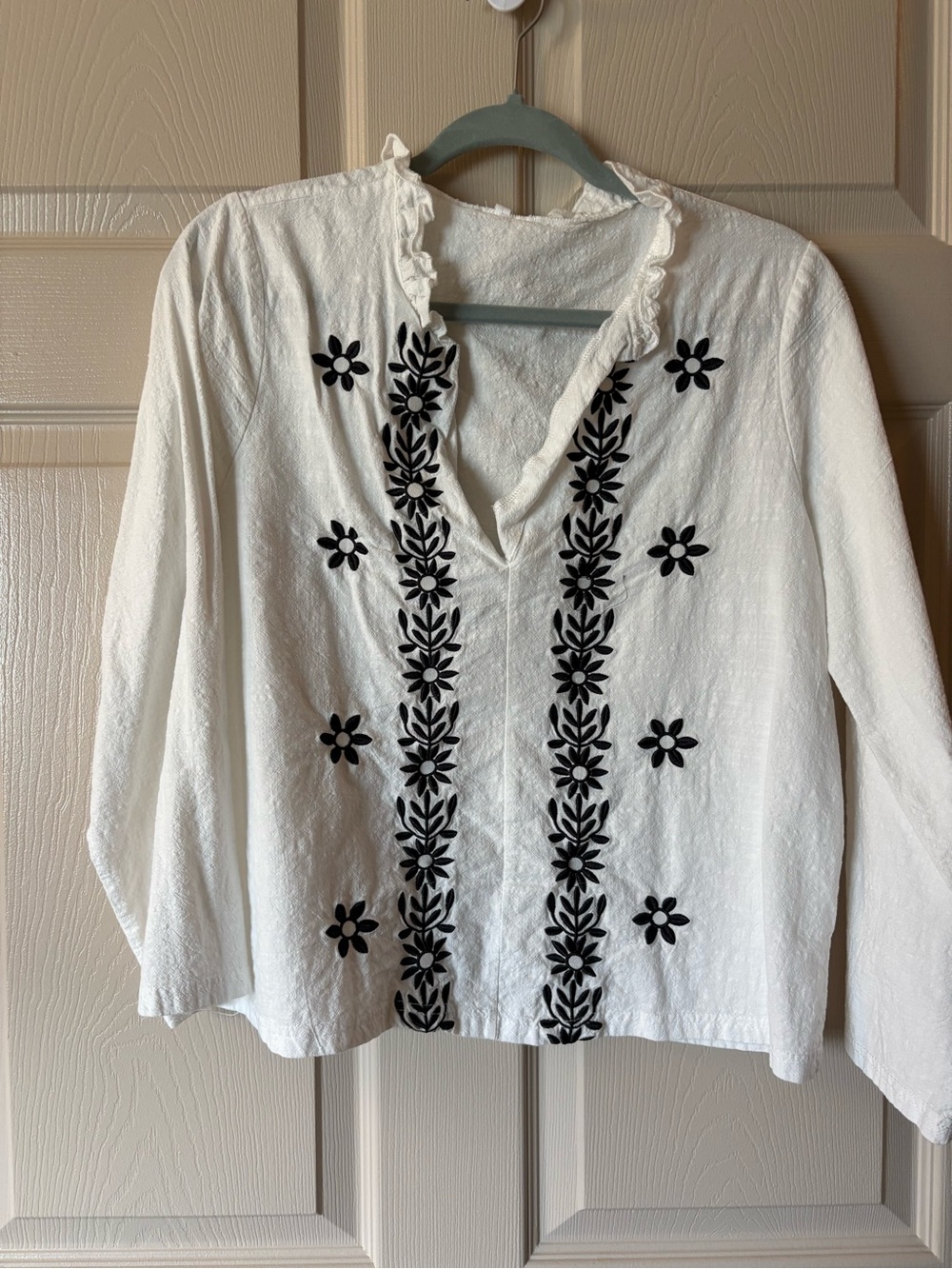 White Embroidered Top with Black Floral Detail Bohemian Feminine